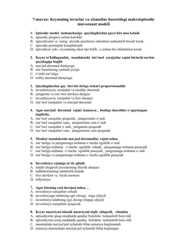Keynsning tovarlar va xizmatlar bozoridagi makroiqtisodiy muvozanat modeli