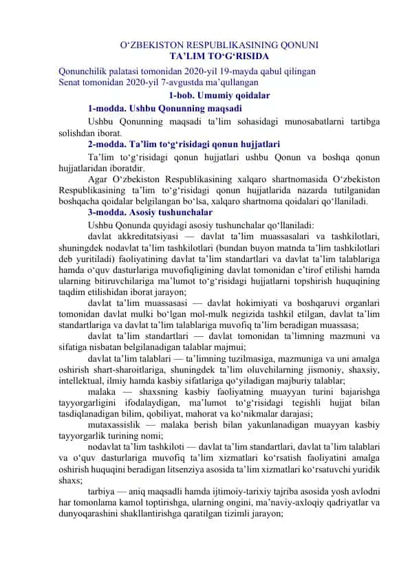 O‘zbekiston Respublikasining Ta’lim to‘g‘risida Qonuni