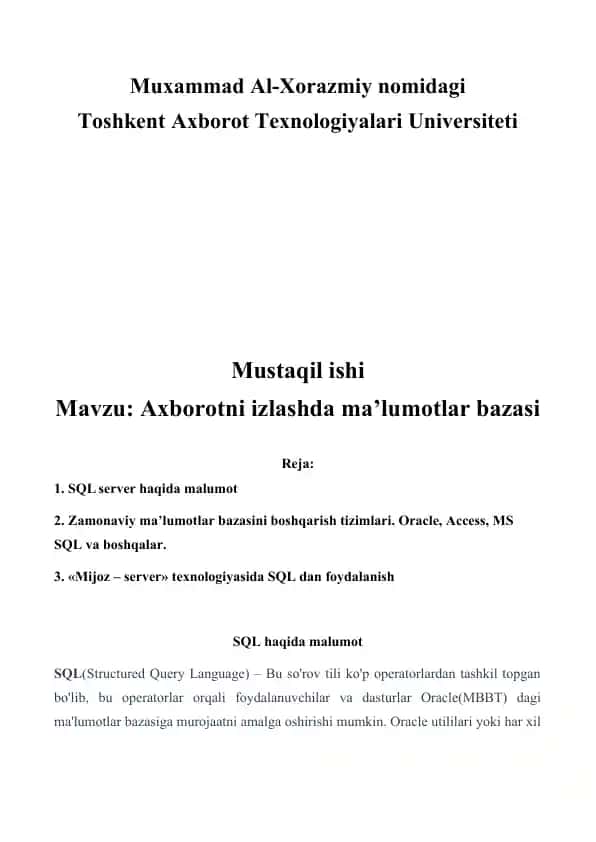 Axborotni izlashda ma’lumotlar bazasi