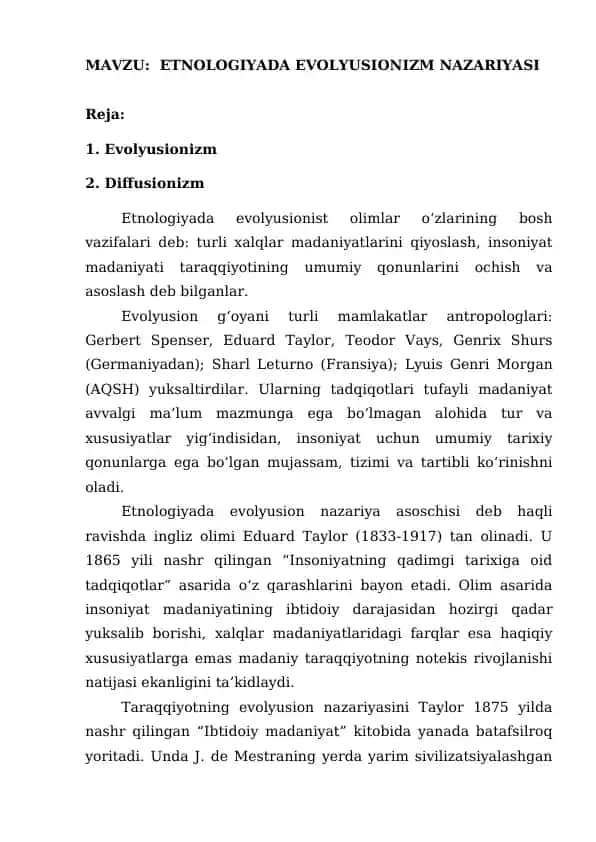 ETNOLOGIYADA EVOLYUSIONIZM NAZARIYASI