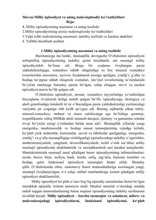Milliy iqtisodiyot va uning makroiqtisodiy ko’rsatkichlari