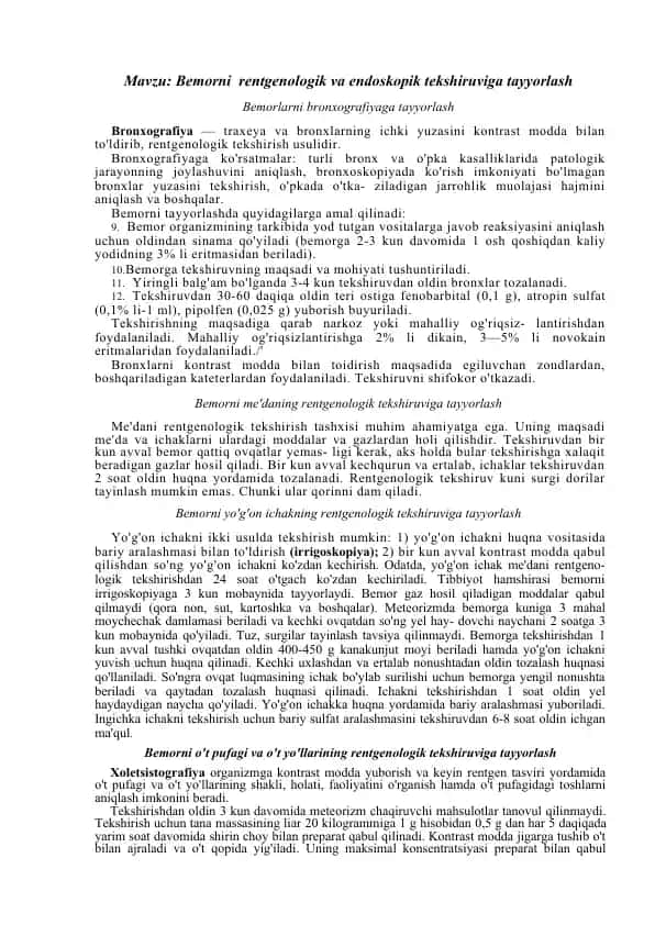 Bemorni rentgenologik va endoskopik tekshiruviga tayyorlash