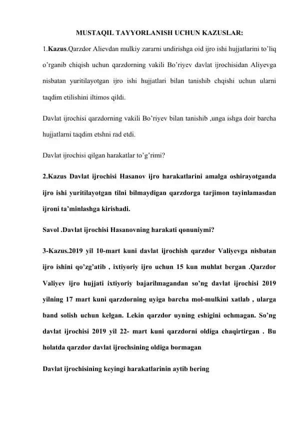 Davlat Ijrochisi va Qarzdorlar arasidagi O‘rtacha Munosabatlar