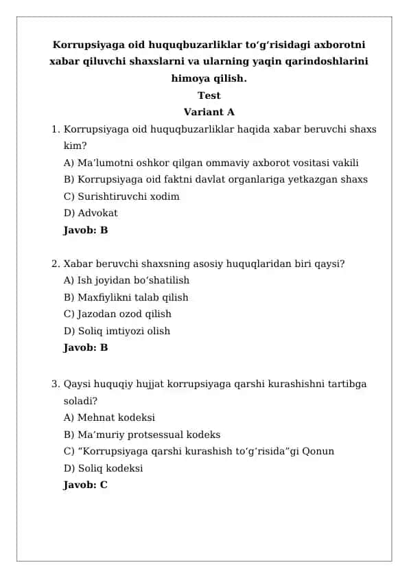 Korrupsiyaga oid huquqbuzarliklar haqida test variant