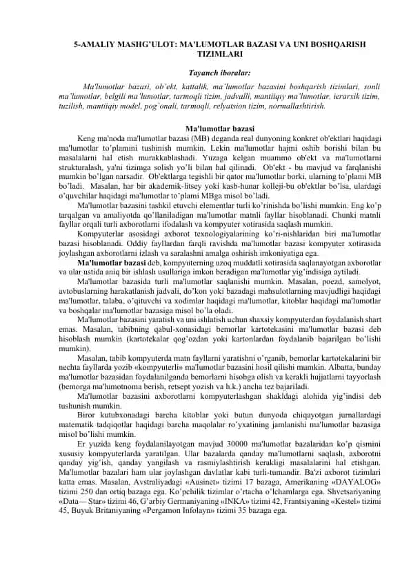 AMALIY MASHG’ULOT: MA'LUMOTLAR BAZASI VA UNI BOSHQARISH TIZIMLARI
