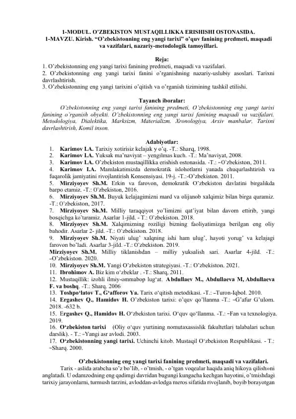 О’zbekistonning eng yangi tarixi fanining predmeti, maqsadi va vazifalari.