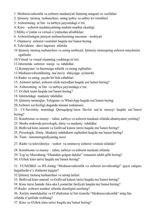 Mediasavodxonlik va axborot madaniyati fanining maqsad va vazifalari