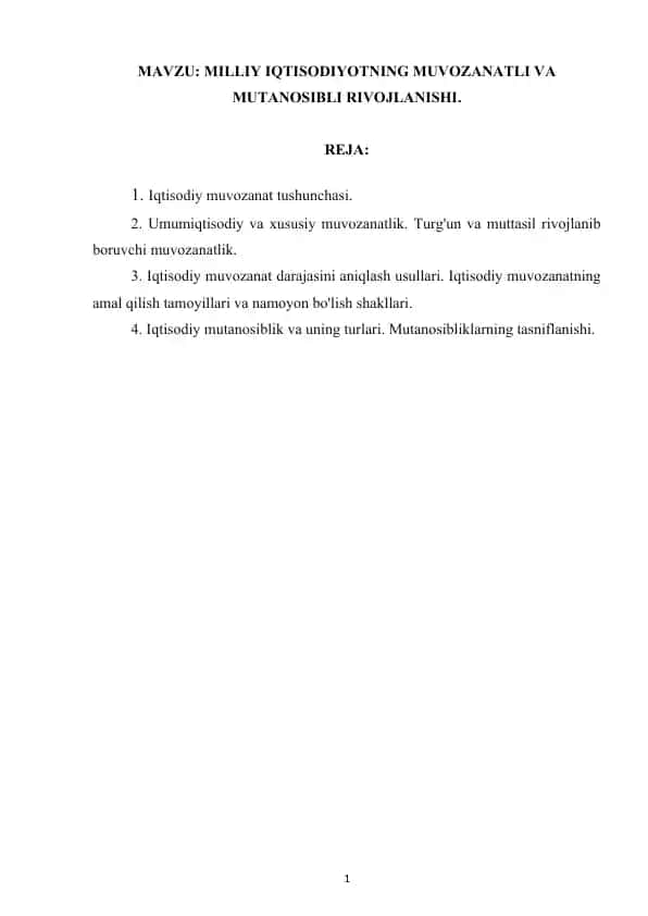 Iqtisodiy muvozanatning rivojlantirilishi