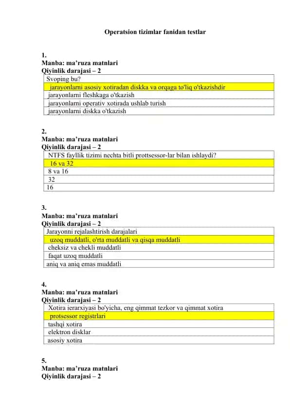 Operatsion tizimlar fanidan testlar