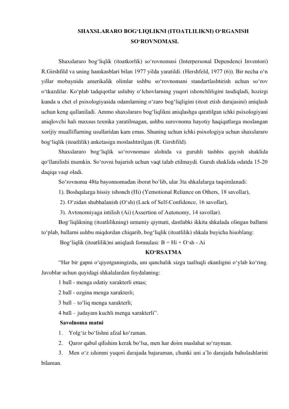 Shaxslararo Bog‘liqlik (Itoatkorlik) So‘rovnomasi