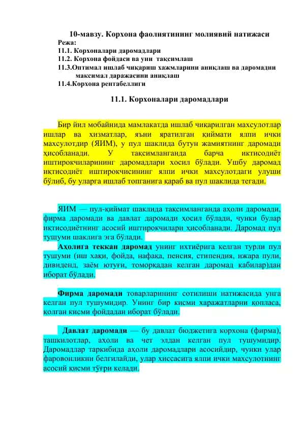 Korxona faoliyatining moliyaviy natijasi