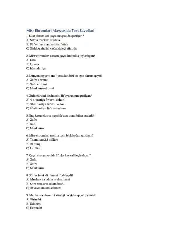 Misr Ehromlari Mavzusida Test Savollari