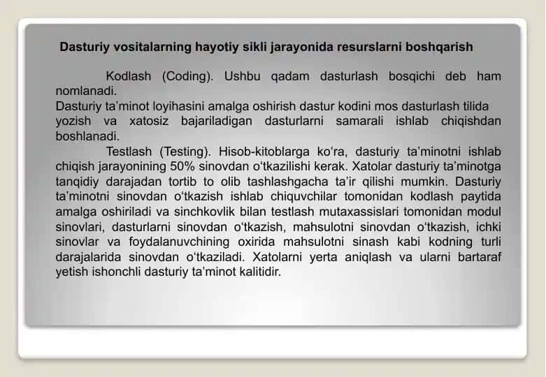 Dasturiy vositalarning hayotiy siki jarayonida resurslarni boshqarish
