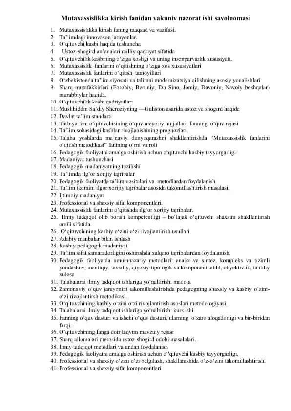 Mutaxassislikka kirish fanidan yakuniy nazorat ishi savolnomasi