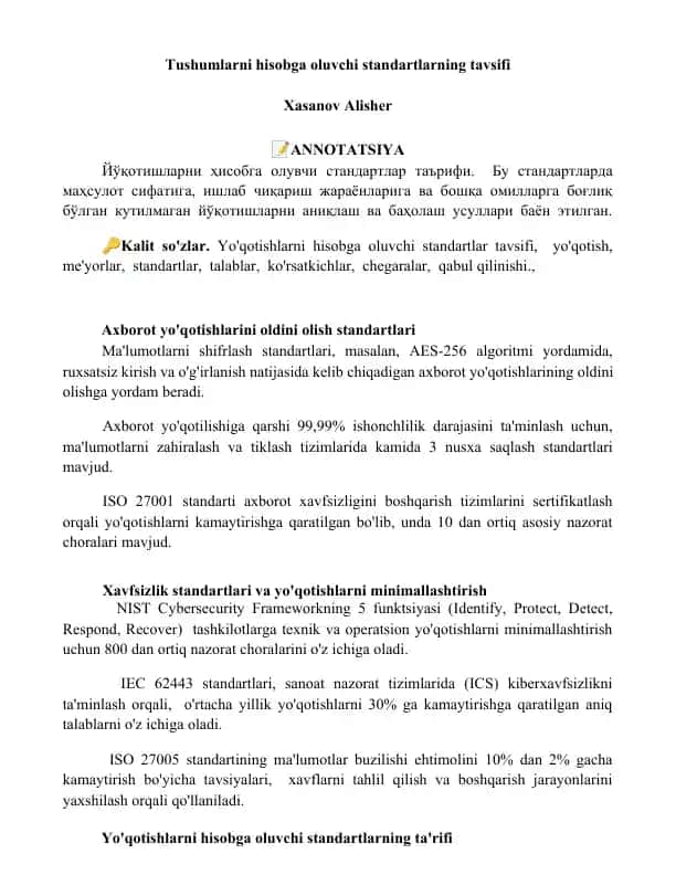 Tushumlarni hisobga oluvchi standartlarning tavsifi