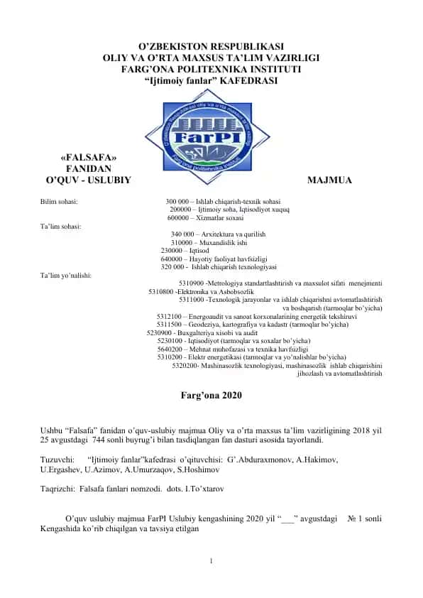 O’zbekiston Respublikasi Oliy va o’rta maxsus ta’lim vazirligi Farg’ona politexnika instituti “Ijtimoiy fanlar” kafedrasi “Falsafa” fanidan o’quv-uslubiy majmua