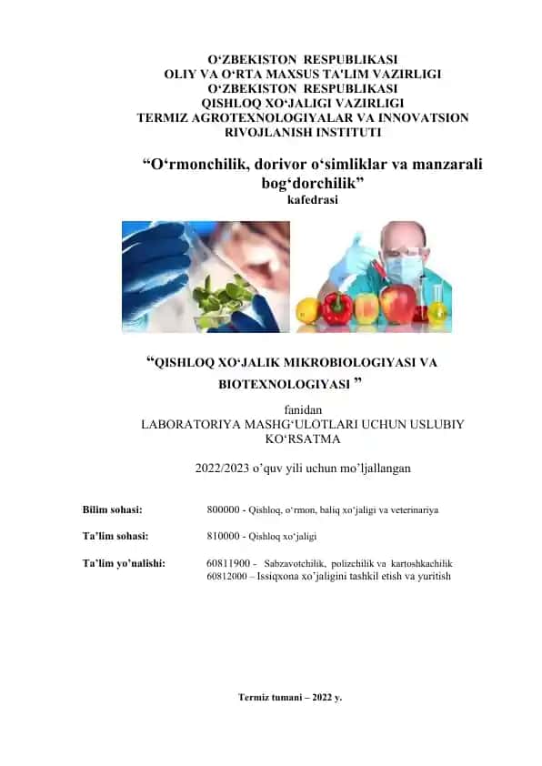 QISHLOQ XO‘JALIK MIKROBIOLOGIYASI VA BIOTEXNOLOGIYASI