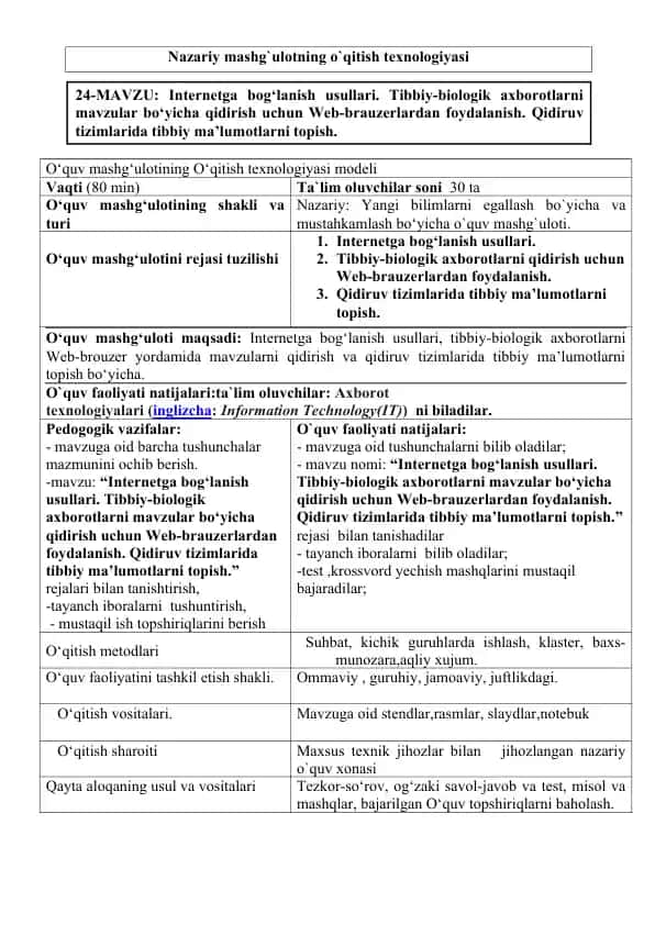 Internetga bog‘lanish usullari. Tibbiy-biologik axborotlarni mavzular bo‘yicha qidirish