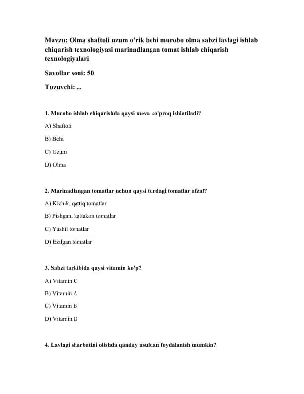 Olma shaftoli uzum o'rik behi murobo olma sabzi lavlagi ishlab chiqarish texnologiyasi marinadlangan tomat ishlab chiqarish texnologiyalari