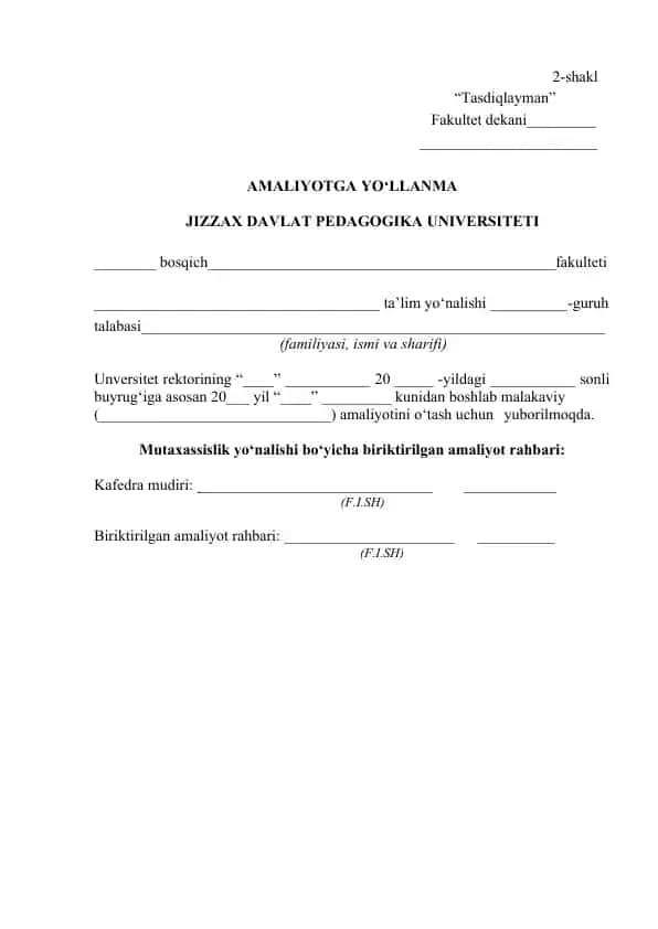 Amaliyotga yo‘llanma va dalolatnoma shakllari