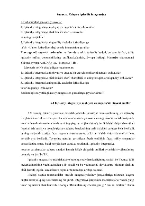 6-mavzu. Xalqaro iqtisodiy integratsiya