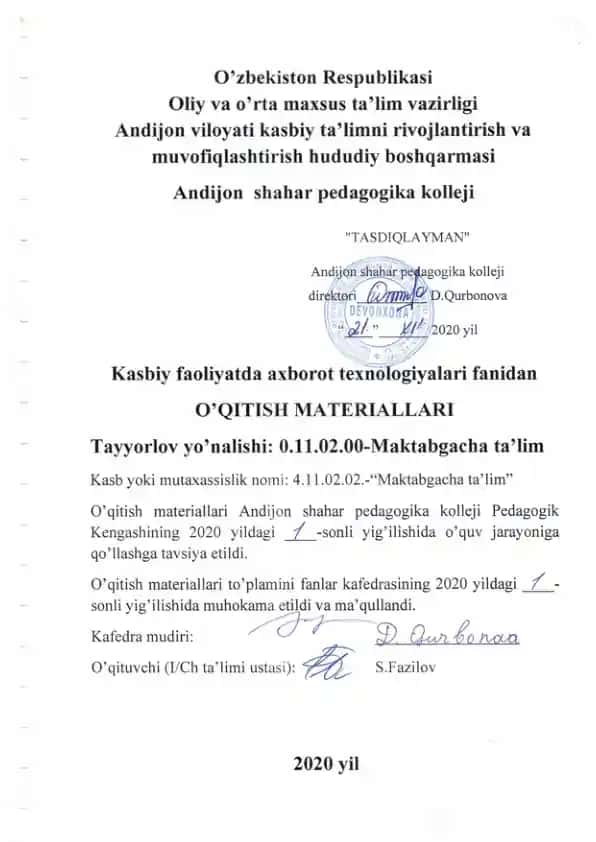 O‘quv dasturi "Maktabgacha ta‘lim kasbi bo‘yicha Kasbiy faoliyatda axborot texnologiyalari"