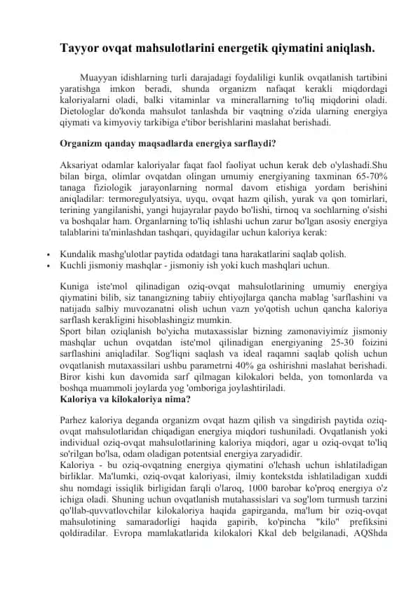 Tayyor ovqat mahsulotlarining energetik qiymatini aniqlash