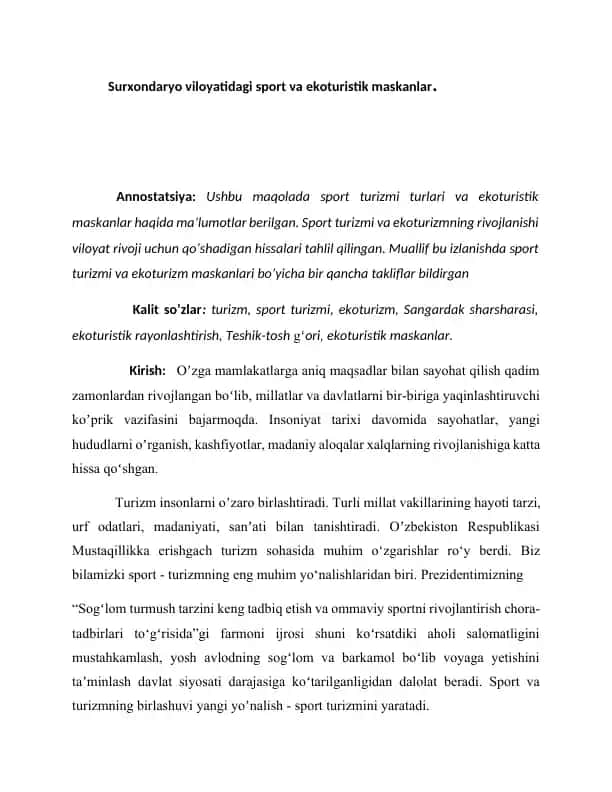 Sport va Ekoturistik Maskanlar maqola