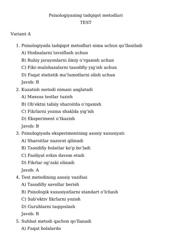 Psixologiyaning tadqiqot metodlari