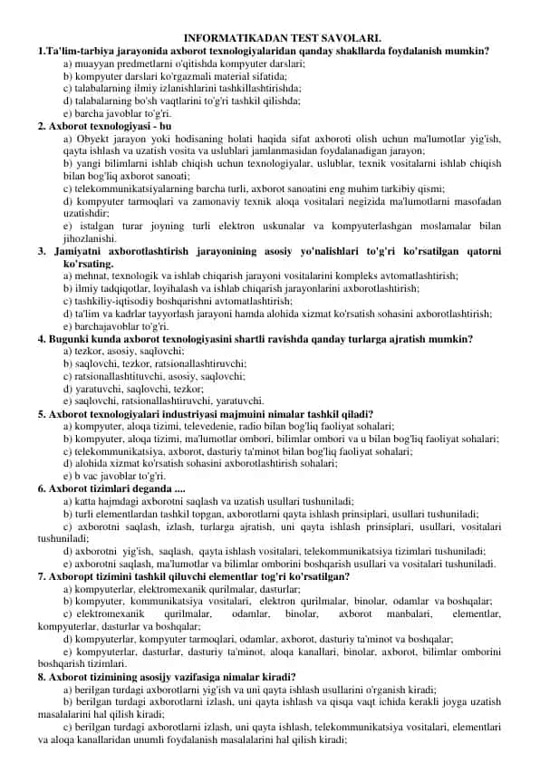 INFORMATIKADAN TEST SAVOLARI