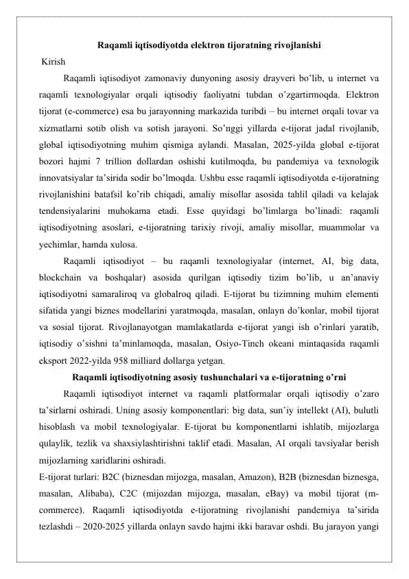 Raqamli iqtisodiyotda elektron tijoratning rivojlanishi
