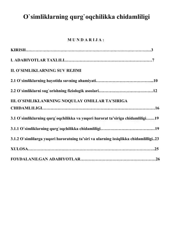 O`simliklarning qurg`oqchilikka chidamliligi bo‘yicha kurs ishi