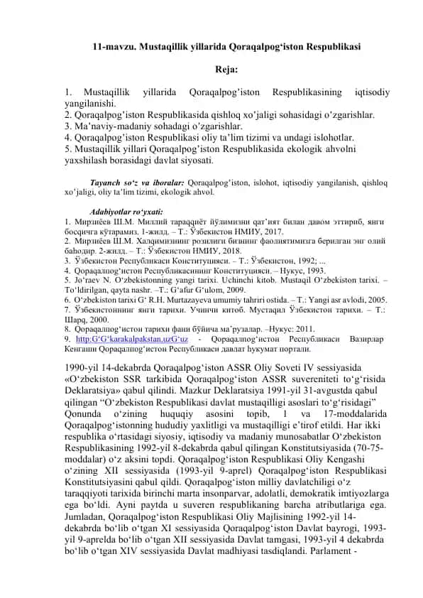 Mustaqillik yillarida Qoraqalpog‘iston Respublikasining iqtisodiy, ma'naviy-madaniy va ekologik yangilanishi