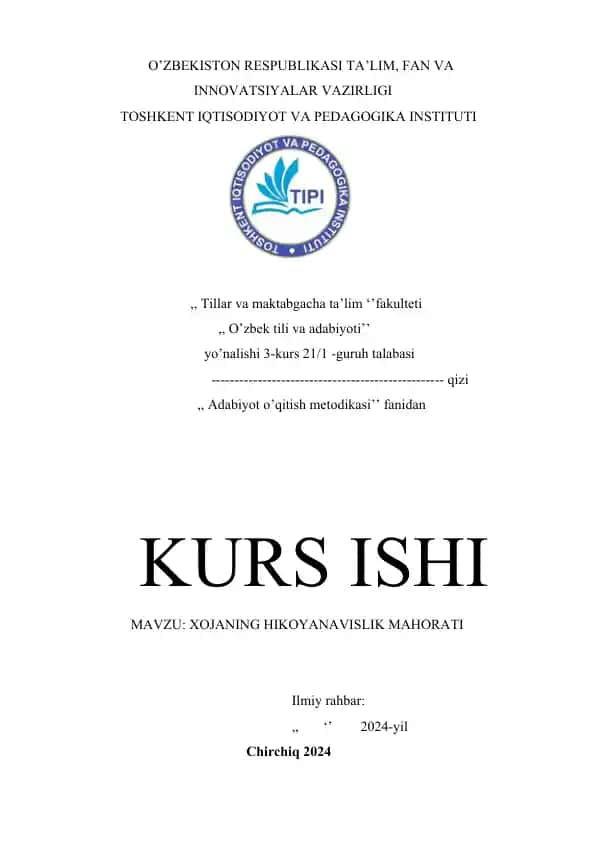 Adabiyot o’qitish metodikasi kurs ishi