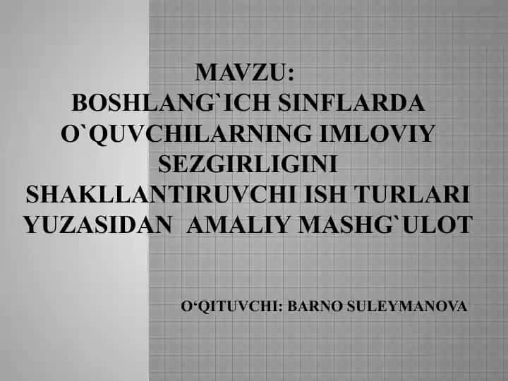 Boshlang`ich sinflar darsliklari uchun o`quvchilarning imloviy sezgi larini shakllantiruvchi ishlar to`plami