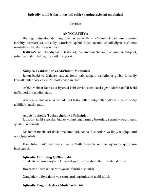 Iqtisodiy tahlil ishlarini tashkil etish va uning axborat manbalari