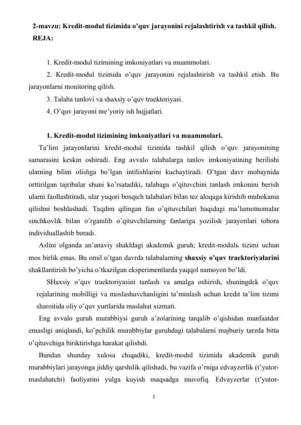 Kredit-modul tizimida o’quv jarayonini rejalashtirish va tashkil qilish