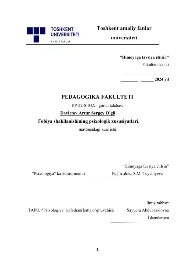 Fobiya shakllanishining psixologik xususiyatlari