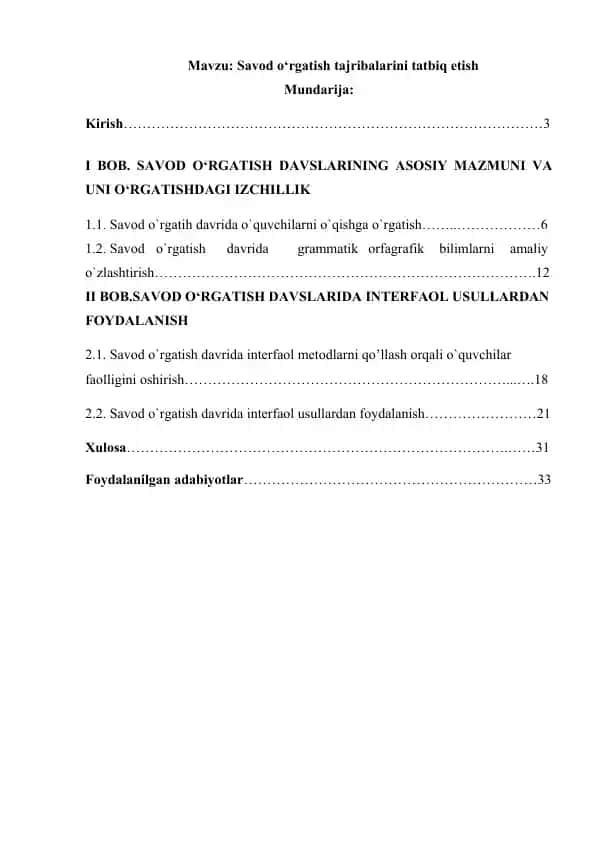 Savod o‘rgatish tajribalarini tatbiq etish