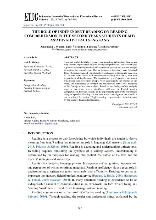 The Role of Independent Reading on Reading Comprehension in the Second Years Students of MTs As'adiyah Putra 1 Sengkang