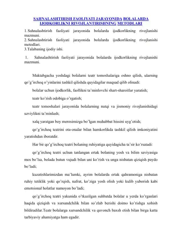 Sahnalashtirish faoliyati jarayonida bolalarda ijodkorlikni rivojlantirishning metodlari