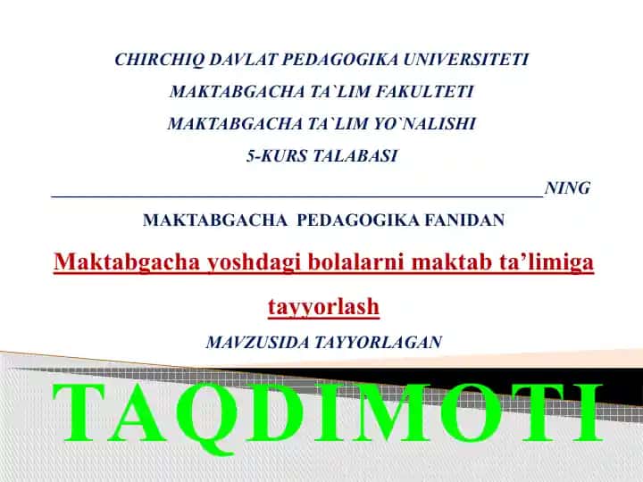 Maktabgacha ta'limni tashkil etish
