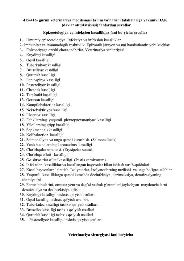 Veterinariya meditsinasi savollari