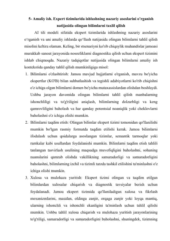 Amaliy ish. Expert tizimlarida ishlashning nazariy asoslarini o’rganish natijasida olingan bilimlarni taxlil qilish