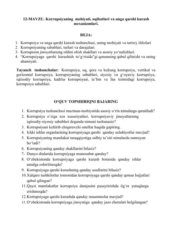 Korrupsiyaning mohiyati, oqibatlari va unga qarshi kurash mexanizmlari