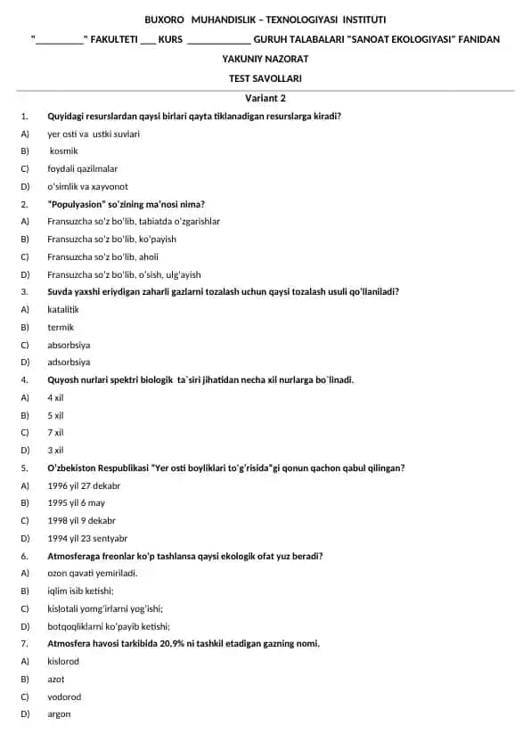 Sanoat Ekologiyasi Test Savollari