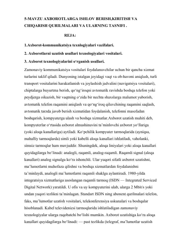 Axborot texnologiyalari va kommunikatsiya vositalari