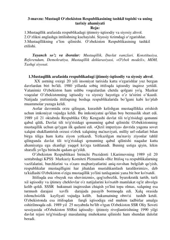 Mustaqil O‘zbekiston Respublikasining tashkil topishi va uning tarixiy ahamiyati