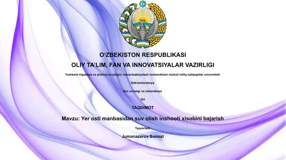 Yer osti manbasidan suv olish inshooti xisobini bajarish