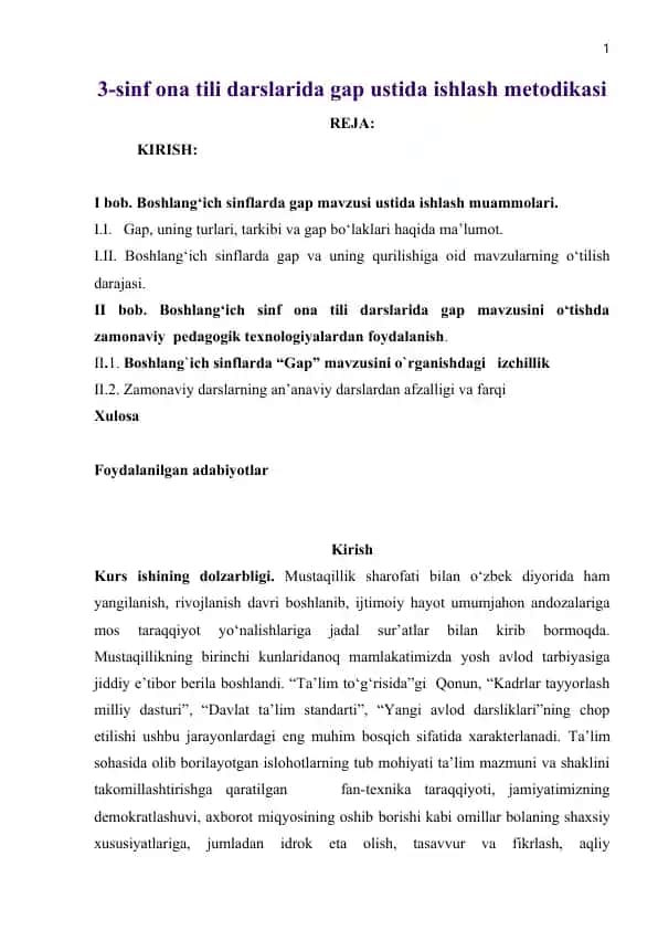 Boshlang'ich sinf ona tili darslarida gap ustida ishlash metodikasi